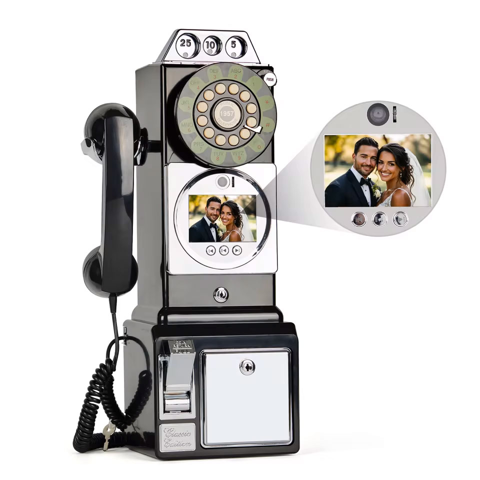 Telefonos videó vendégkönyv érmés telefon fekete színben