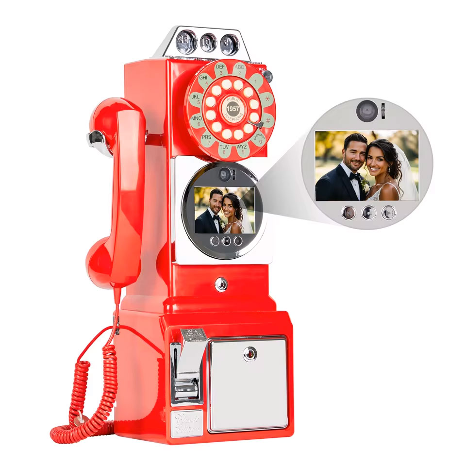 Telefonos videó vendégkönyv érmés telefon piros színben